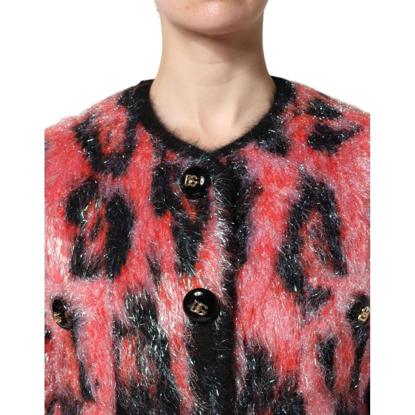 Dolce & Gabbana red and black mohair wool cardigan sweater with button closure and logo details, made in Italy.