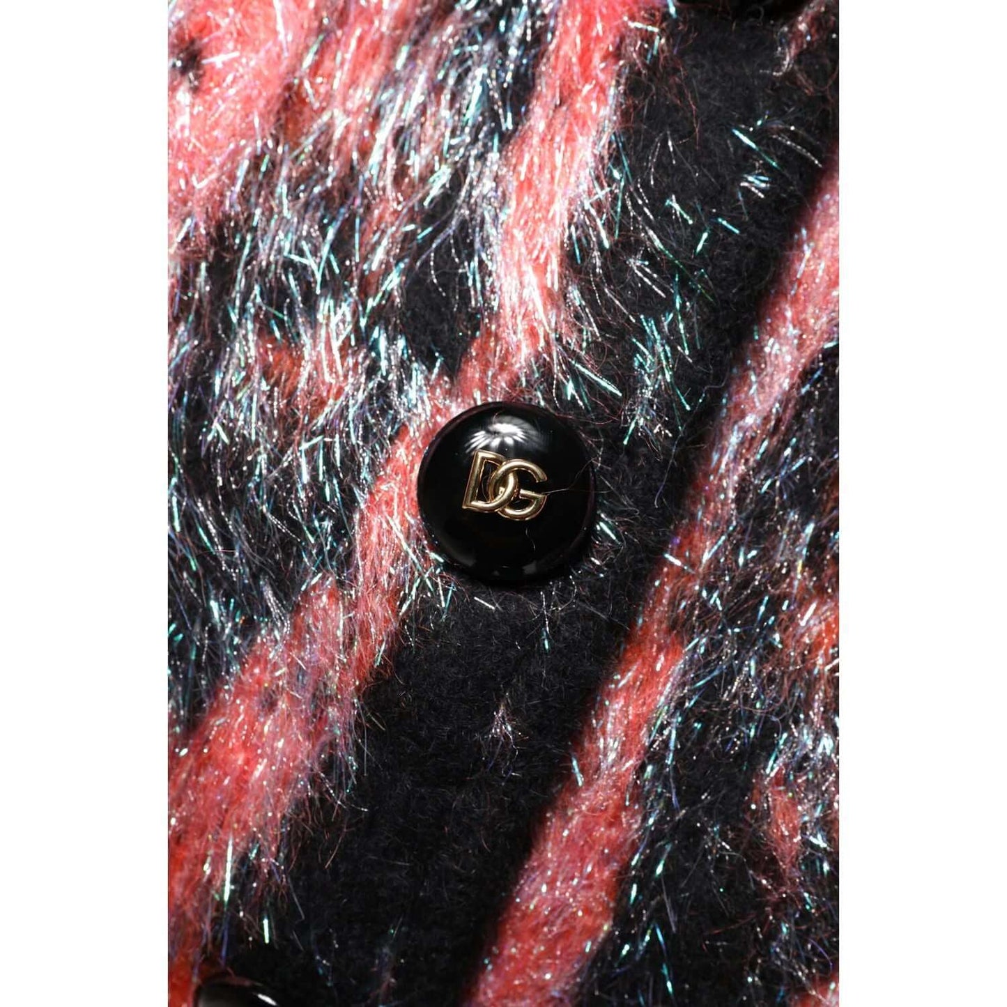Close-up of Dolce & Gabbana red mohair wool cardigan with button and logo details, exclusive craftsmanship.