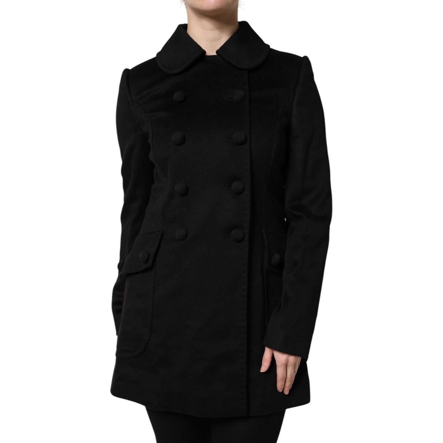 Dolce & Gabbana black wool double-breasted blazer jacket with button closure, long sleeves, and logo details. High craftsmanship.