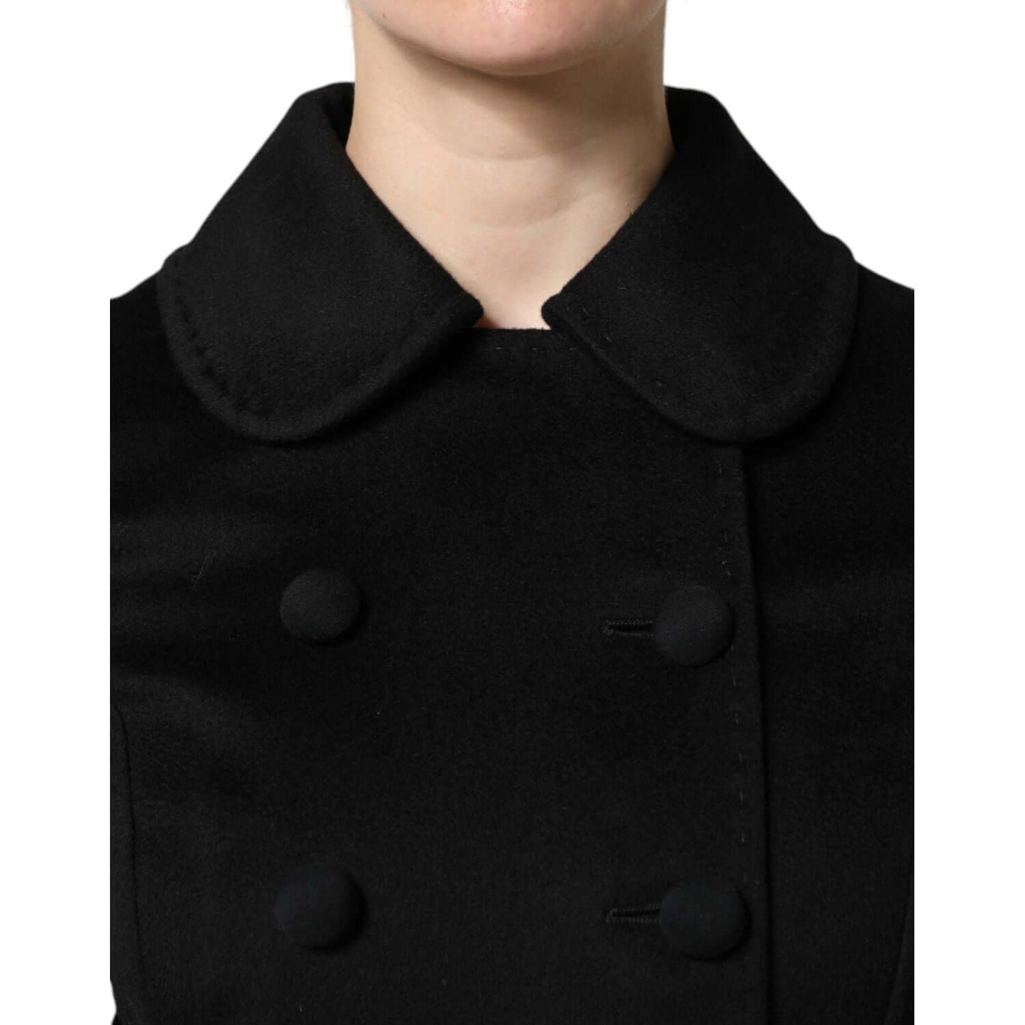 Dolce & Gabbana black wool double-breasted blazer with buttons, Italian craftsmanship, elegant collar detail.