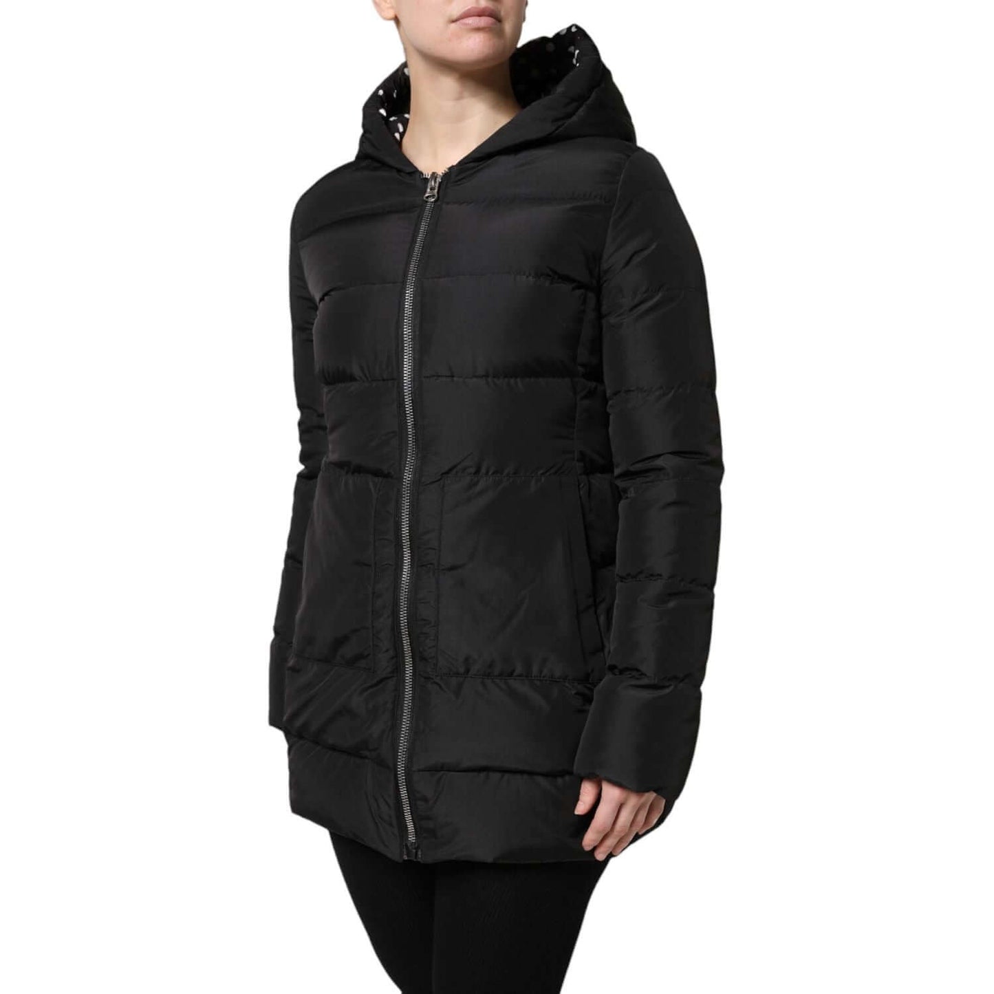Dolce & Gabbana black puffer hooded zip reversible jacket, polyester material, logo details, high craftsmanship, store sample.