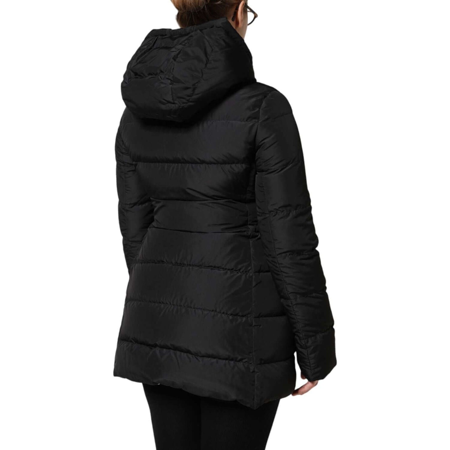 Dolce & Gabbana black puffer hooded reversible jacket, long sleeves, zip closure, luxury outerwear for women, side view, sample piece.
