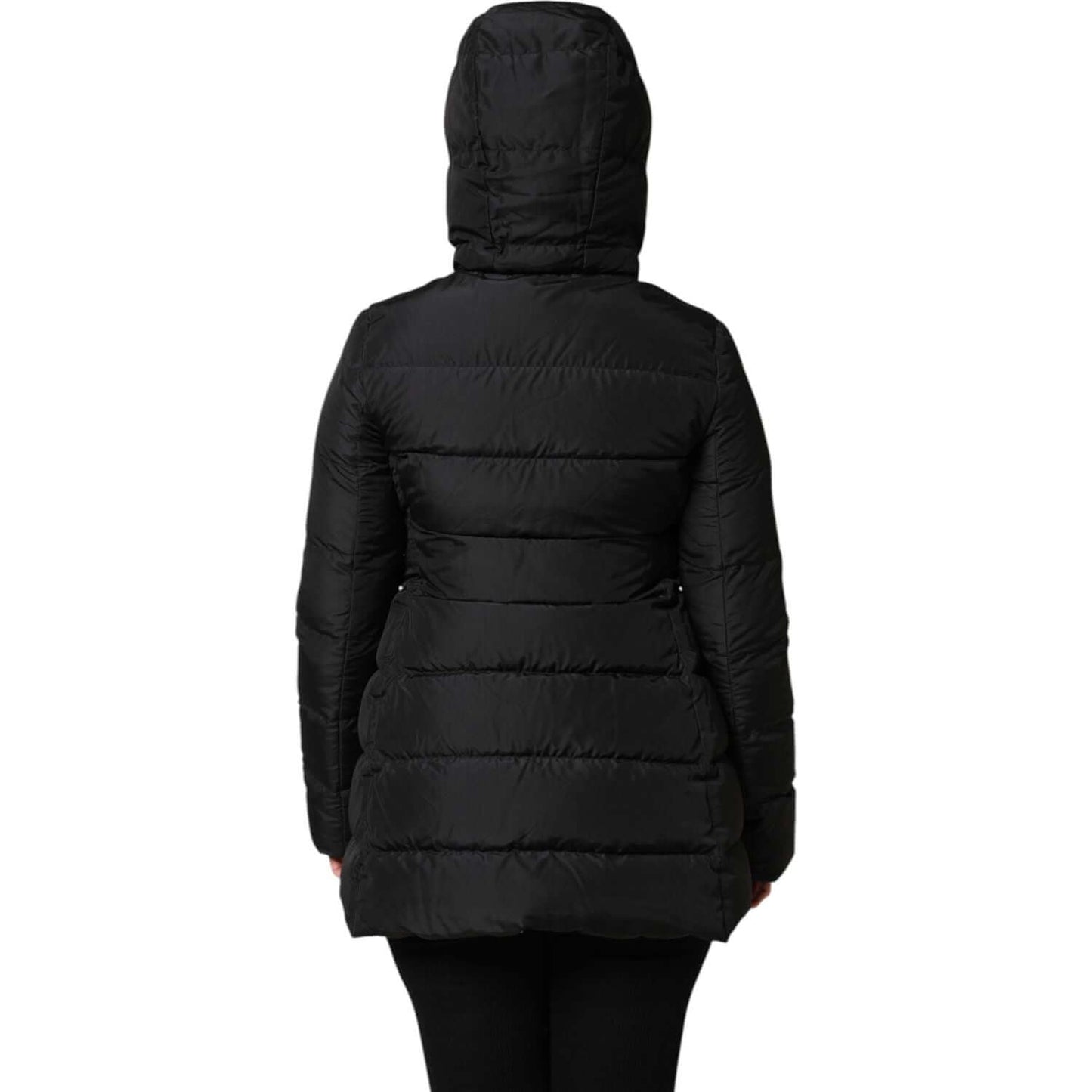 Dolce & Gabbana black puffer reversible hooded jacket rear view, featuring zip closure and logo details, made in Italy.