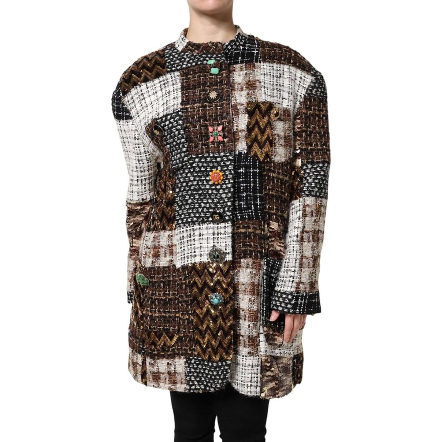 Dolce & Gabbana multicolor patchwork button-down jacket with long sleeves and logo details, crafted in Italy from nylon, cotton, and silk blend.