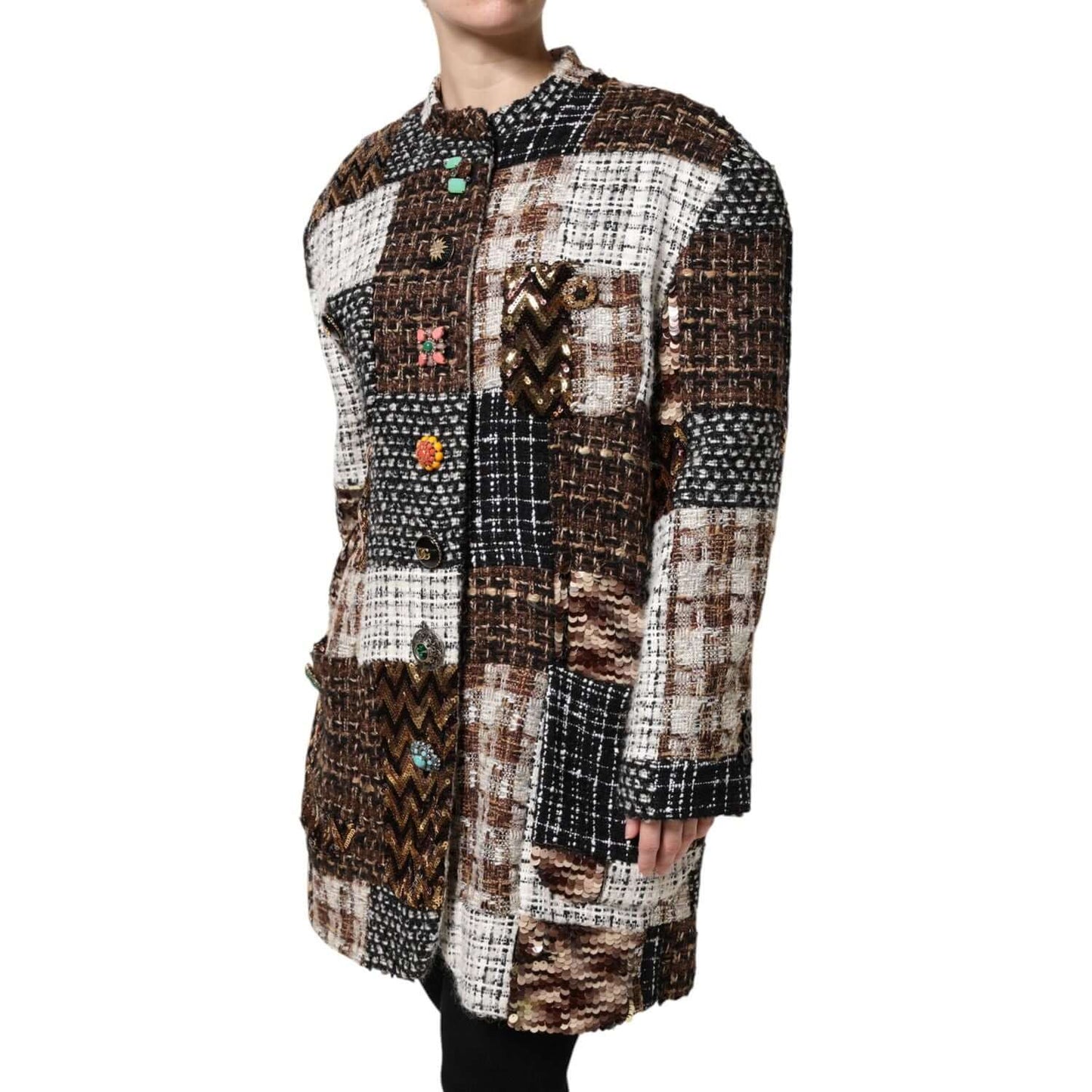 Dolce & Gabbana multicolor patchwork button-down jacket with logo details, featuring long sleeves, crafted from high-quality materials.