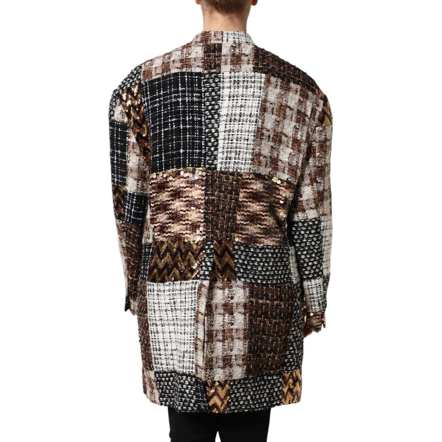 Dolce & Gabbana multicolor patchwork button down jacket, rear view, showcasing long sleeves and intricate design, made in Italy.