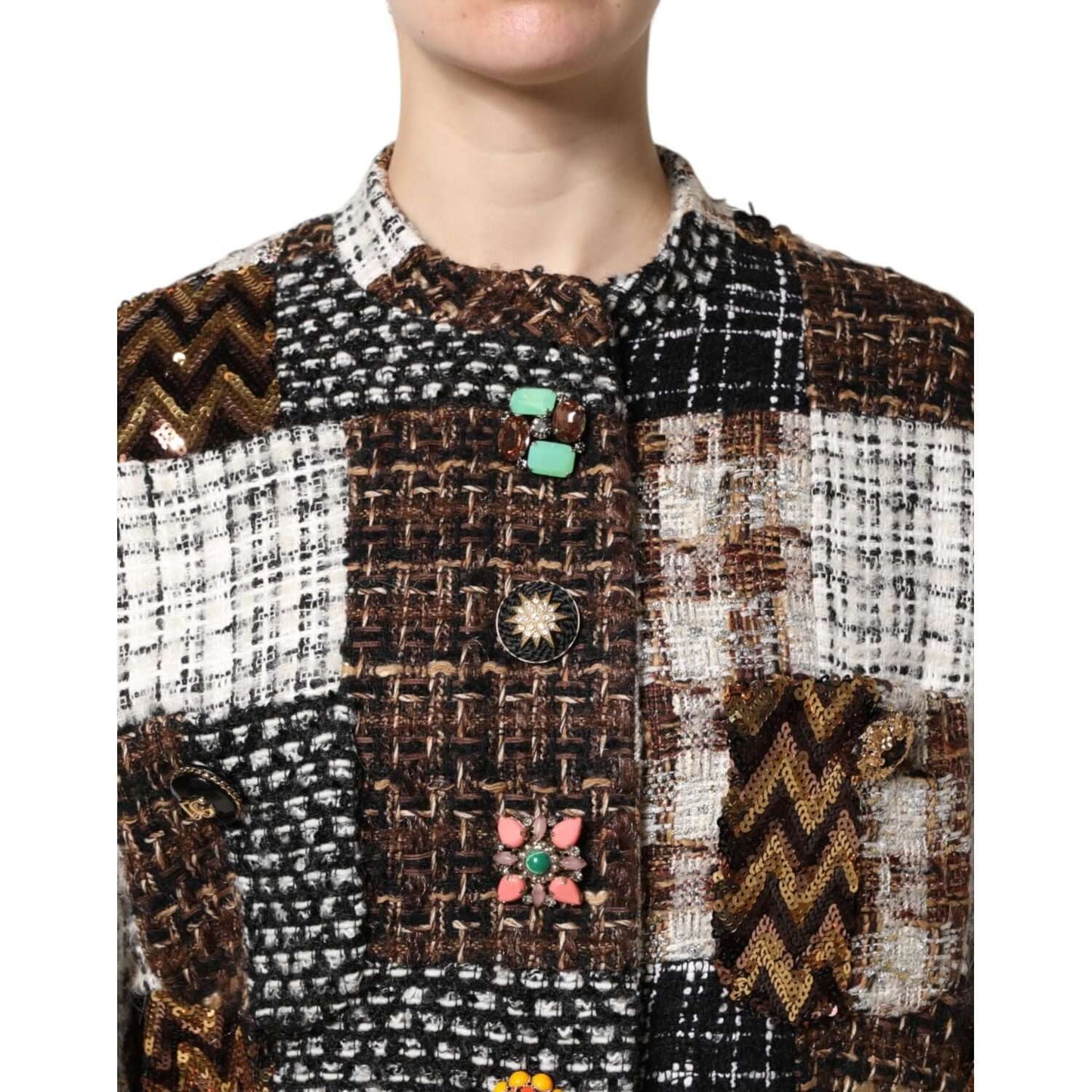 Dolce & Gabbana multicolor patchwork button-down jacket with intricate details and button closure.