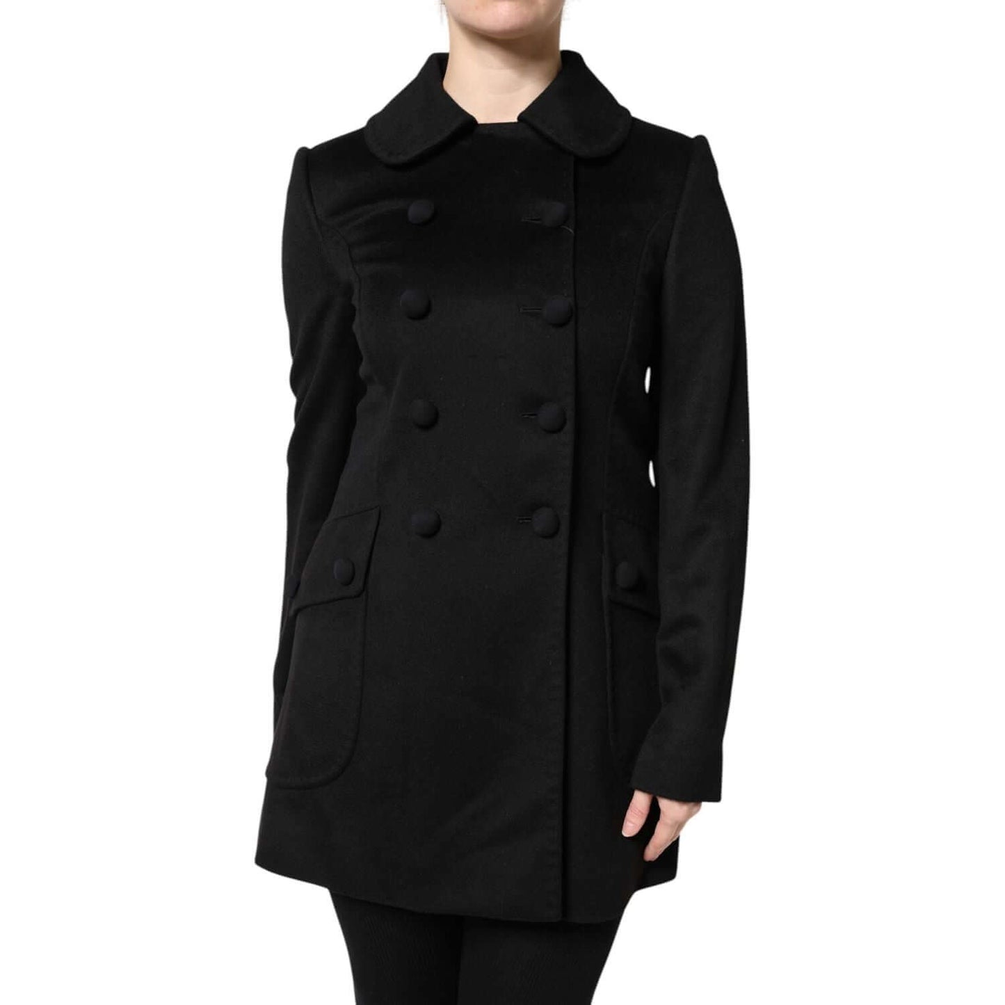 Dolce & Gabbana black wool double-breasted blazer jacket, long sleeves, made in Italy, featuring logo details and button closure.