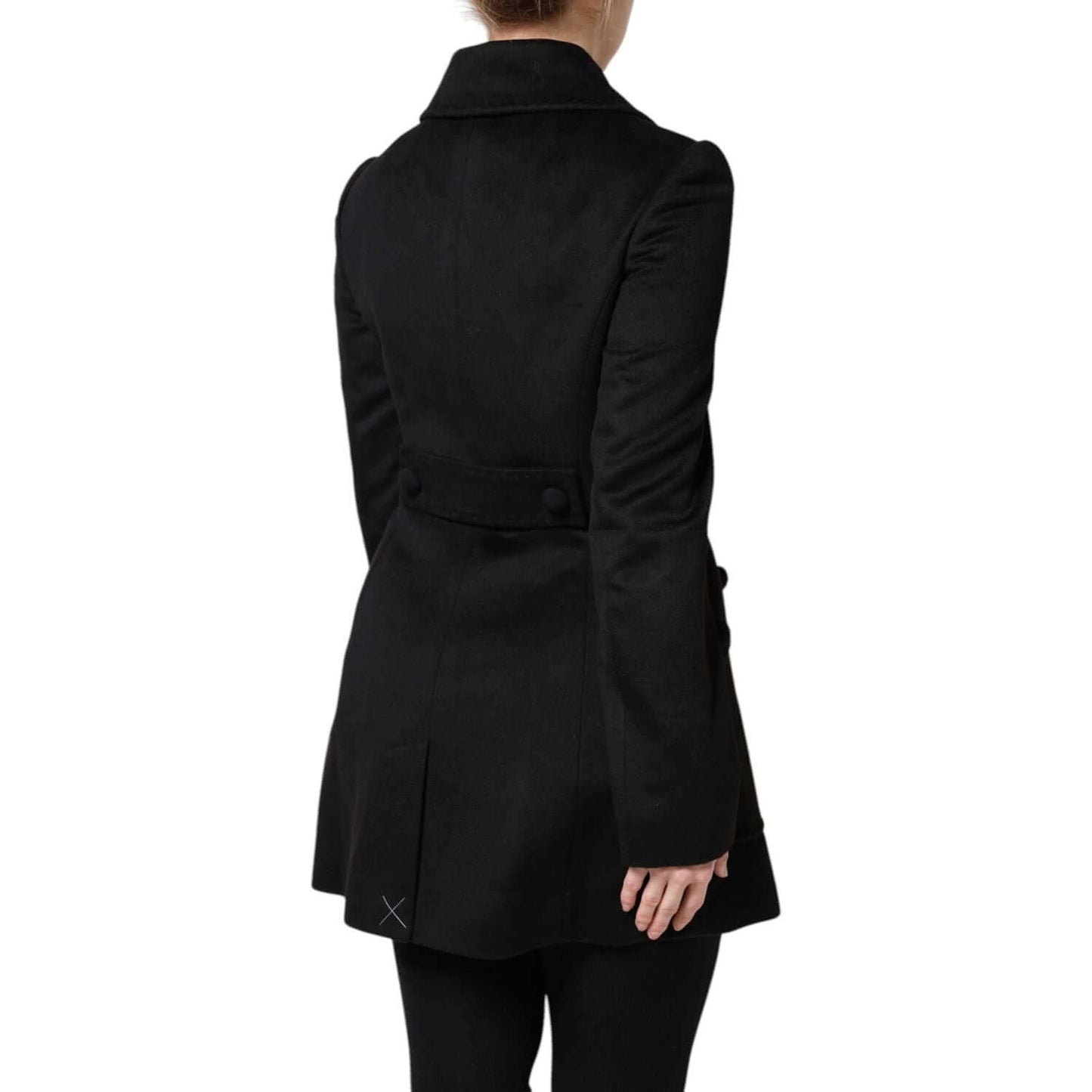 Back view of Dolce & Gabbana black wool double-breasted blazer jacket, showcasing elegant tailoring. High craftsmanship, made in Italy.