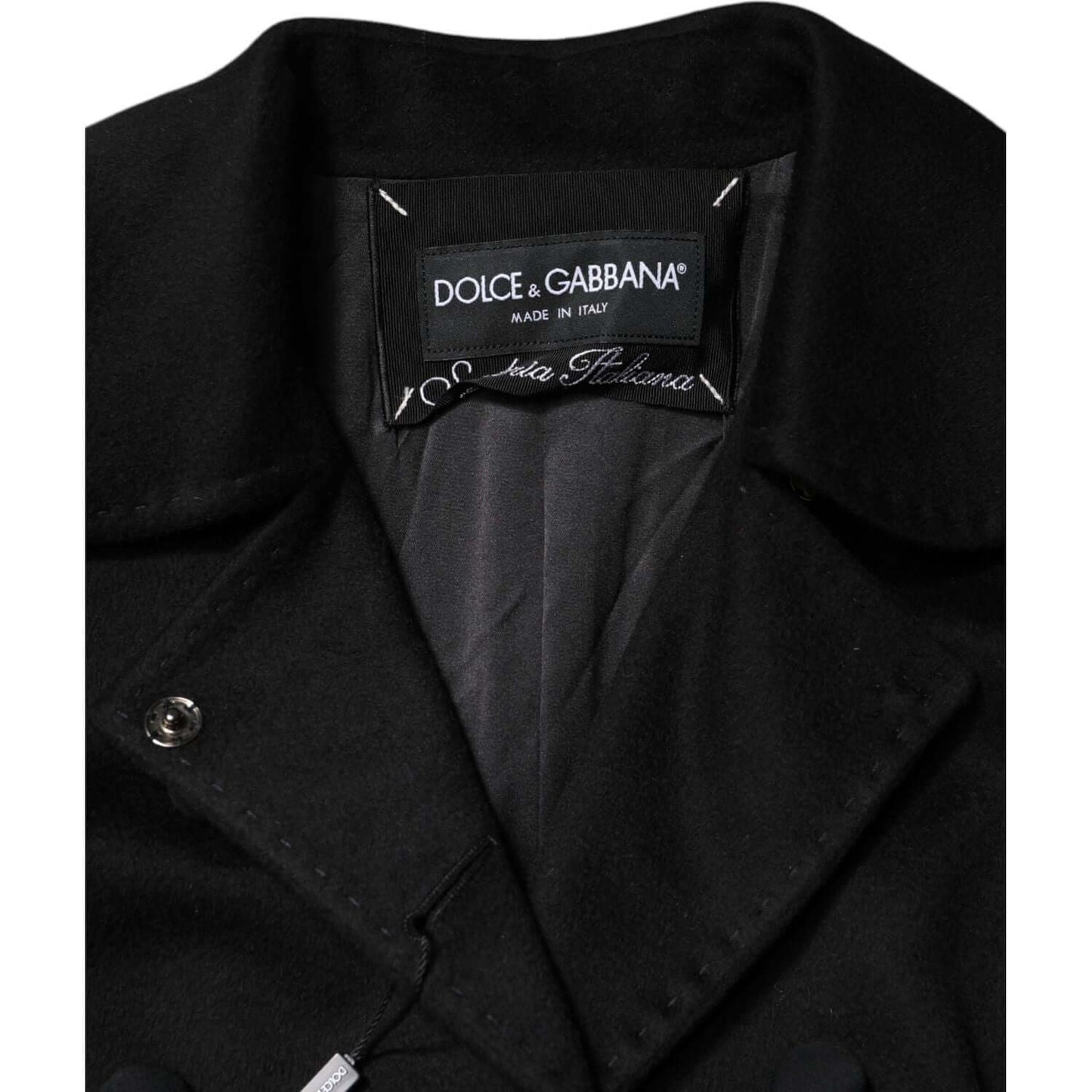 Dolce & Gabbana Sartoria Italiano black wool blazer with logo, double breasted, made in Italy, featuring button closure and silk lining.