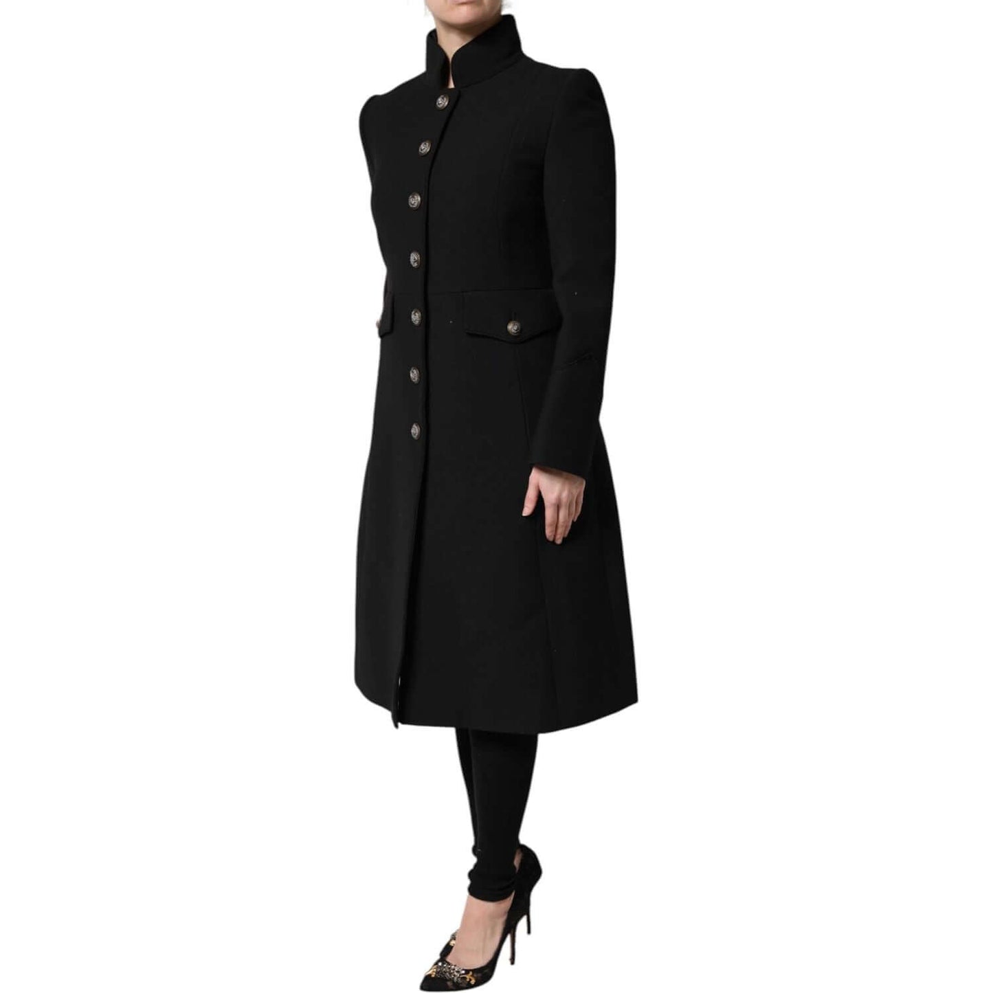 Dolce & Gabbana black wool trench coat, single breasted with button closure, regular fit for women. High craftsmanship, made in Italy.