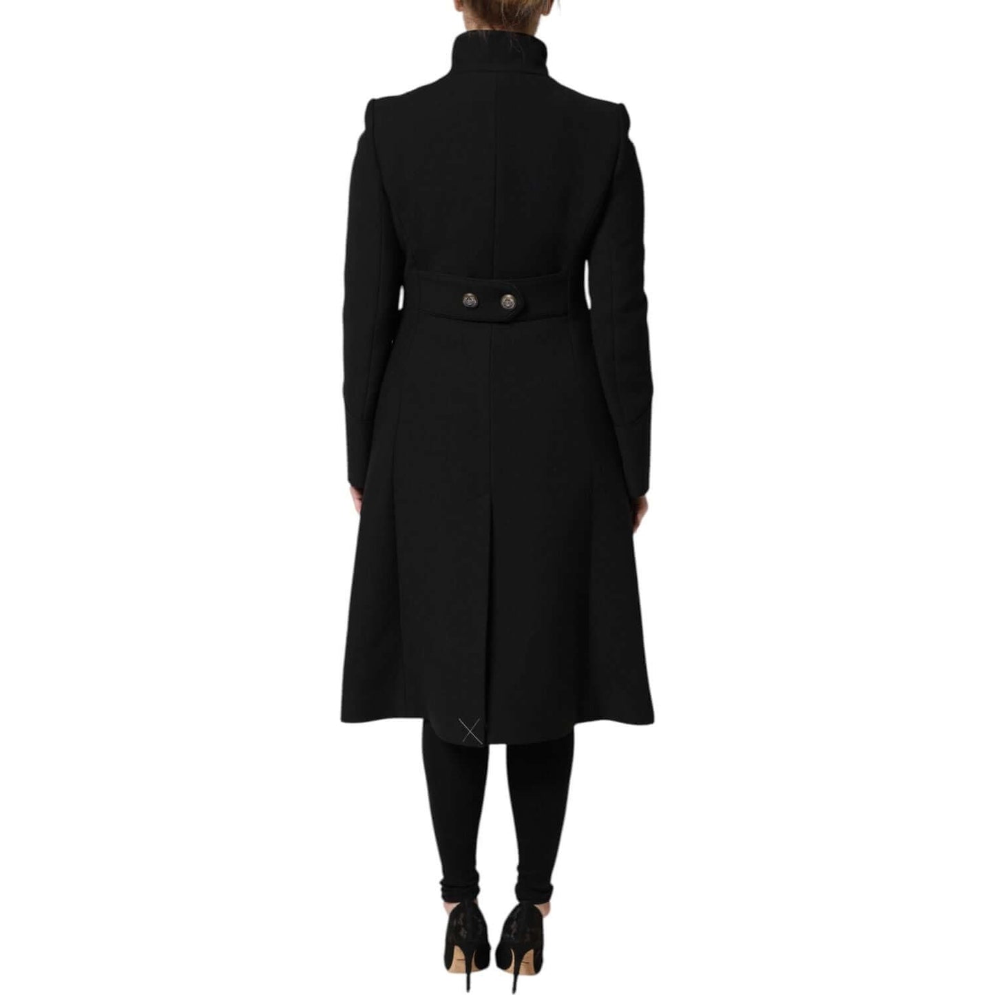Dolce & Gabbana black wool trench coat jacket, single breasted, rear view, button closure, exclusive design, made in Italy.