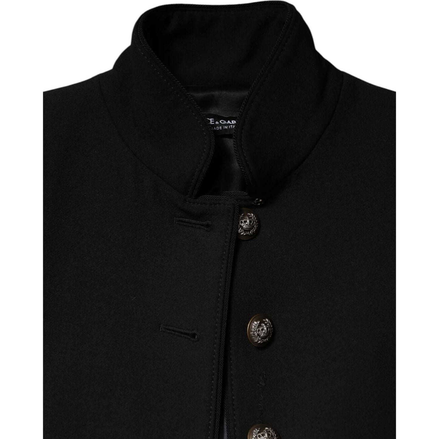 Dolce & Gabbana black wool single breasted trench coat jacket with button closure, luxury fashion made in Italy.