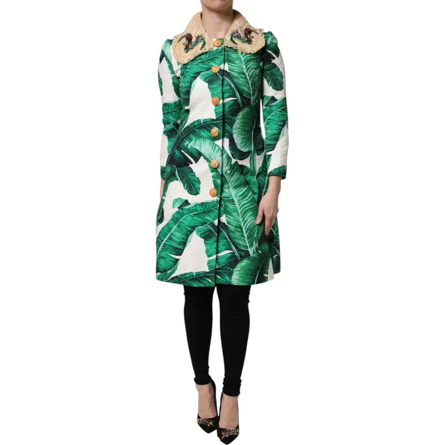 Dolce & Gabbana multicolor leaf print trench coat with embellishments, single-breasted, button closure, luxury craftsmanship.