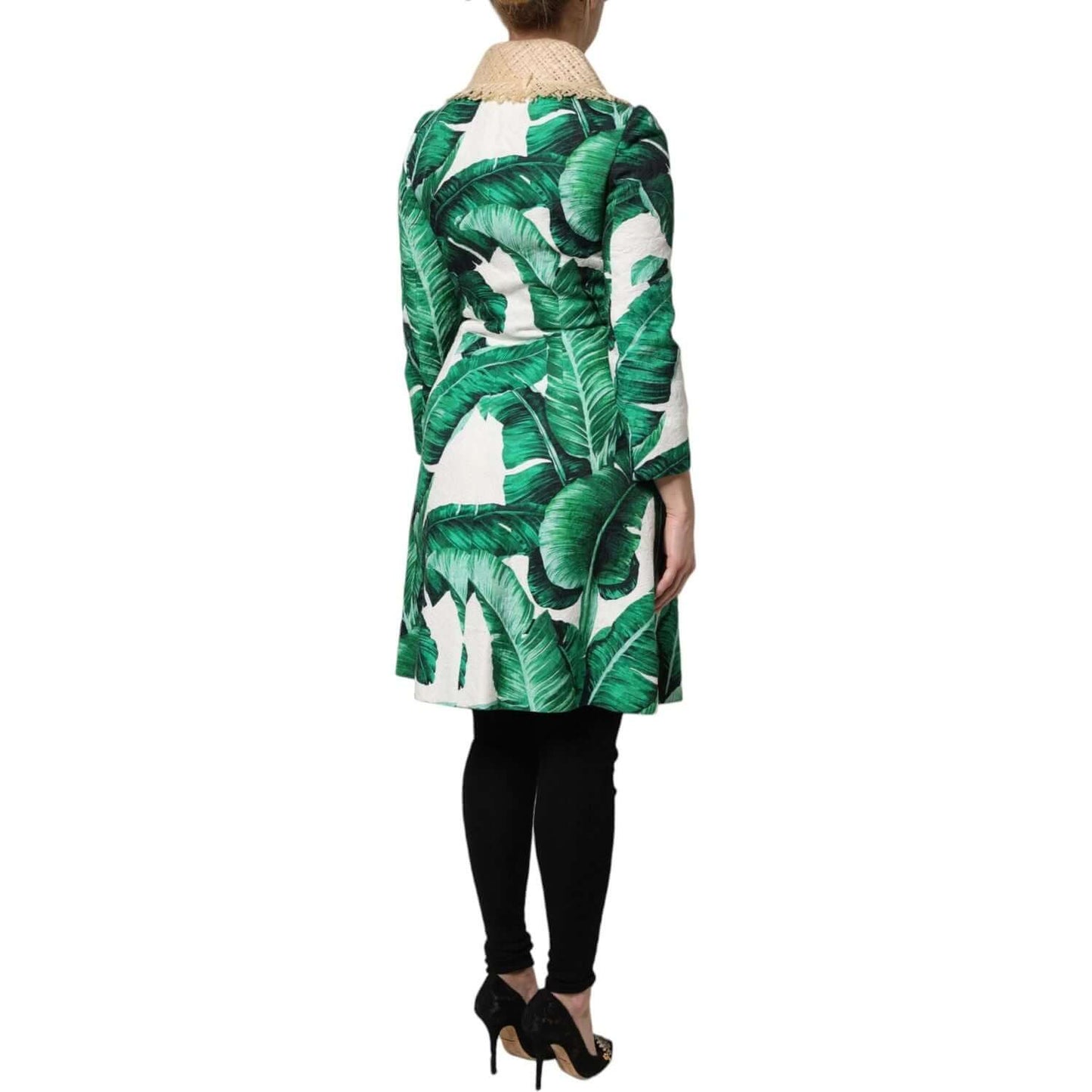 Dolce & Gabbana multicolor leaf print trench coat, women's fashion made in Italy with silk and cotton blend, back view.