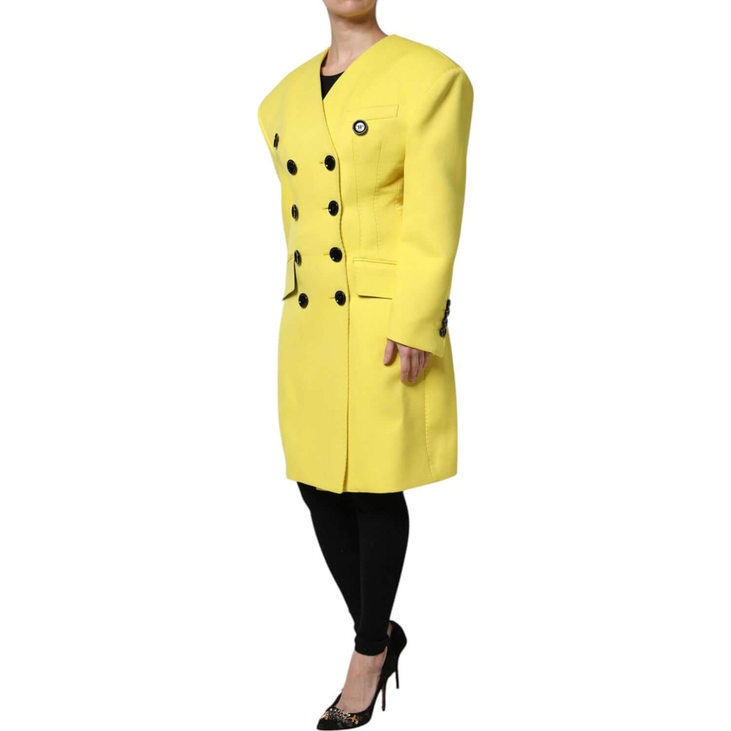 Dolce & Gabbana yellow double breasted trench coat with black buttons, 100% virgin wool, silk lining, elegant Italian design.