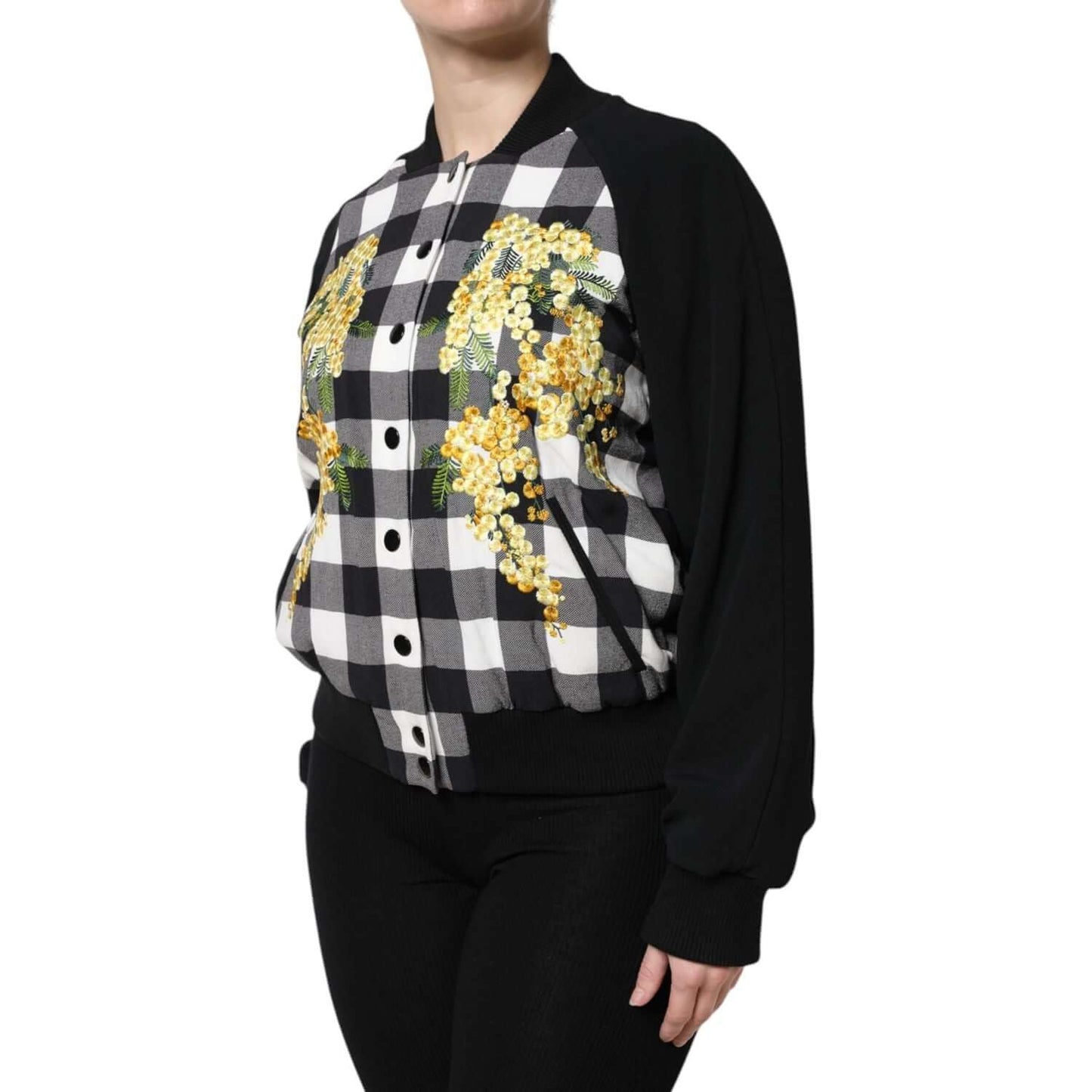 Dolce & Gabbana black and white check floral button down jacket with yellow floral embroidery and black sleeves.