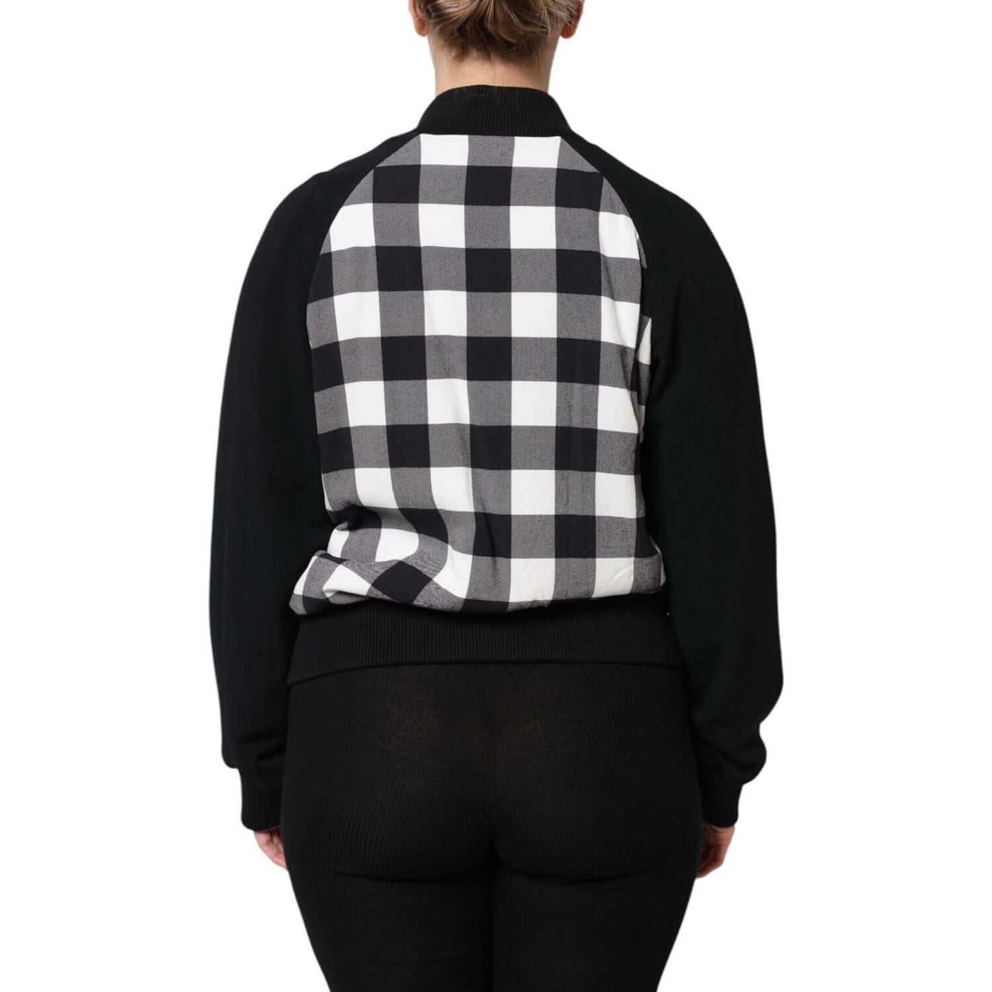 Dolce & Gabbana black and white check floral button down jacket, rear view, highlighting the exclusive pattern and craftsmanship.