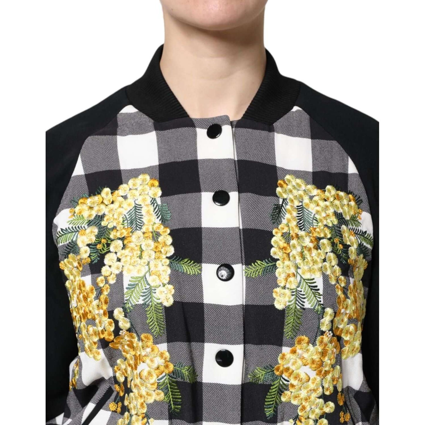Dolce & Gabbana Black and White Check Floral Button Down Jacket with Yellow Embroidery