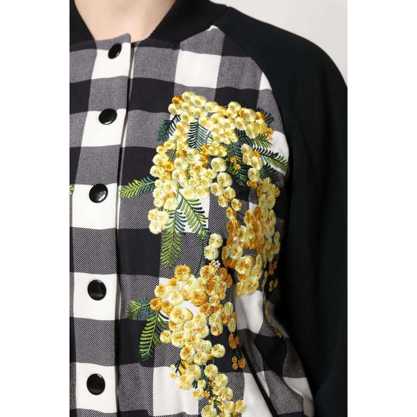 Dolce & Gabbana black and white checkered floral button-down jacket with yellow embroidery, made in Italy.