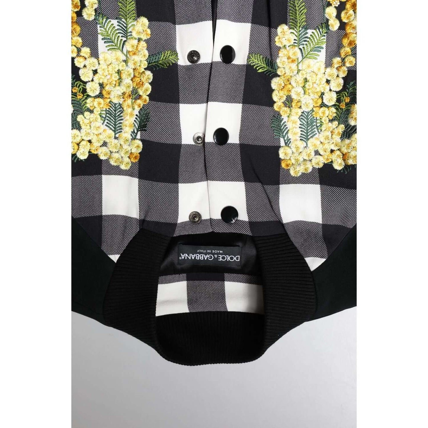 Dolce & Gabbana black and white check floral button down jacket with yellow embroidery, featuring logo details and high craftsmanship.
