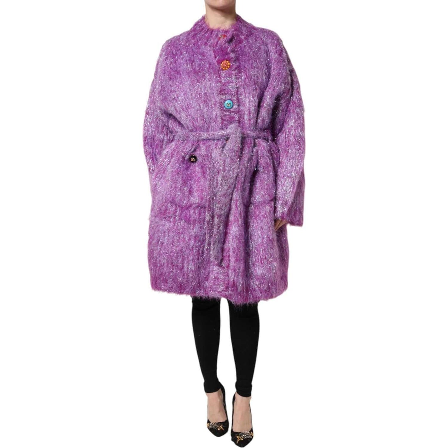 Dolce & Gabbana purple button embellished trench coat jacket, made in Italy, featuring mohair wool blend and exclusive craftsmanship.