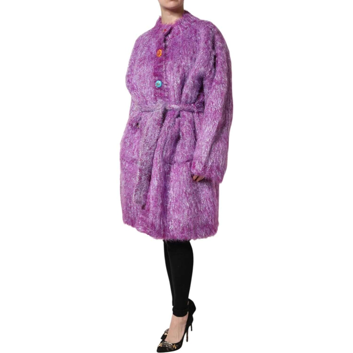 Dolce & Gabbana purple button embellished trench coat jacket with belt, made of wool and mohair, worn by model, elegant and luxurious design.
