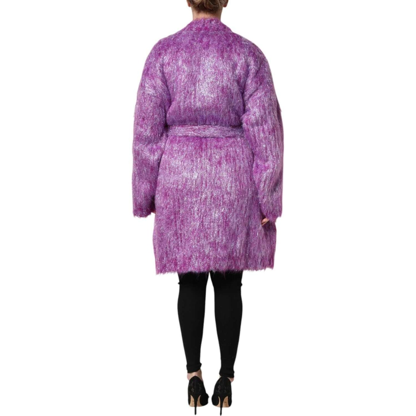 Back view of Dolce & Gabbana purple button-embellished trench coat in mohair wool blend on model, showcasing luxurious craftsmanship.