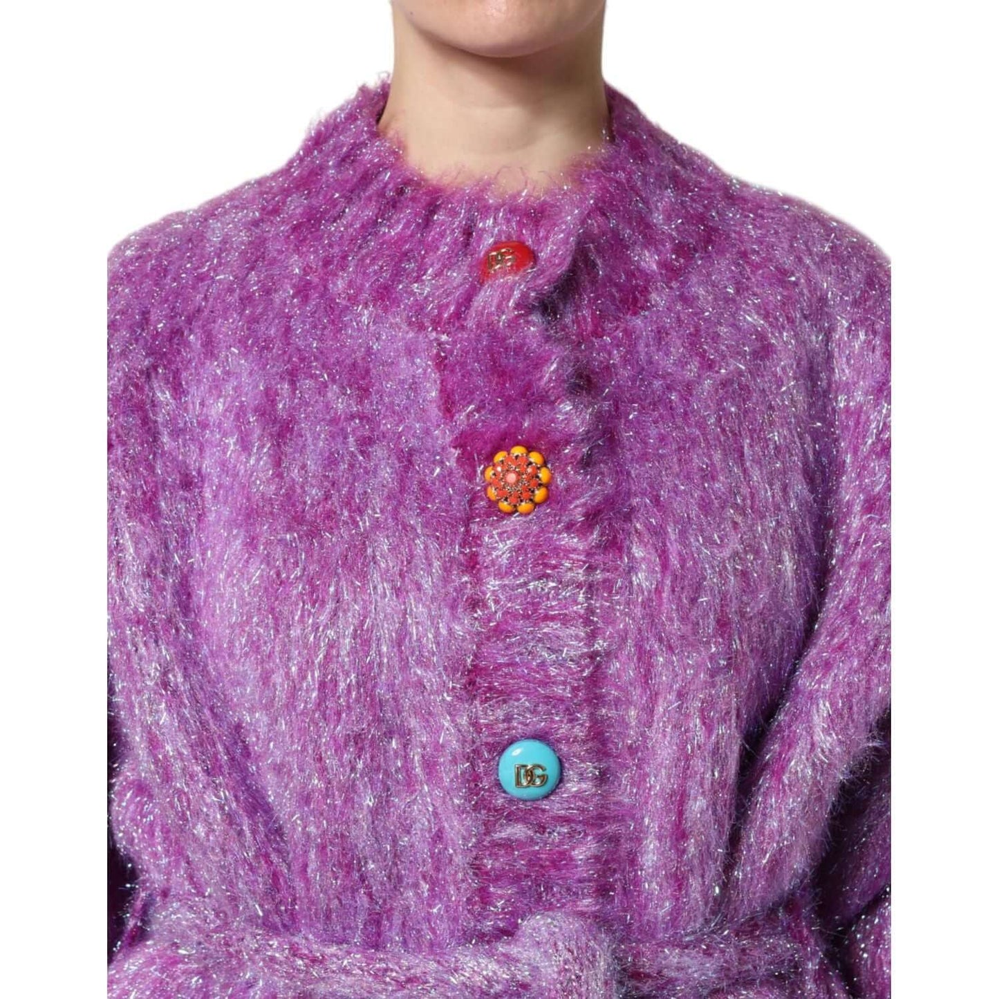 Dolce & Gabbana purple trench coat with button embellishments, made from wool and mohair, featuring logo details, high craftsmanship.