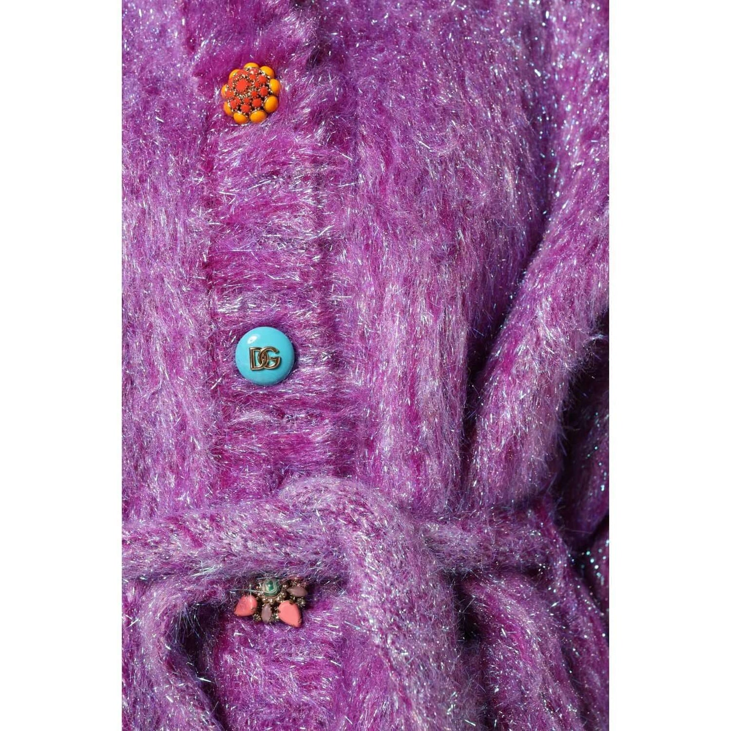 Dolce & Gabbana purple trench coat jacket with colorful button embellishments, made from a wool blend, showcasing Italian craftsmanship.
