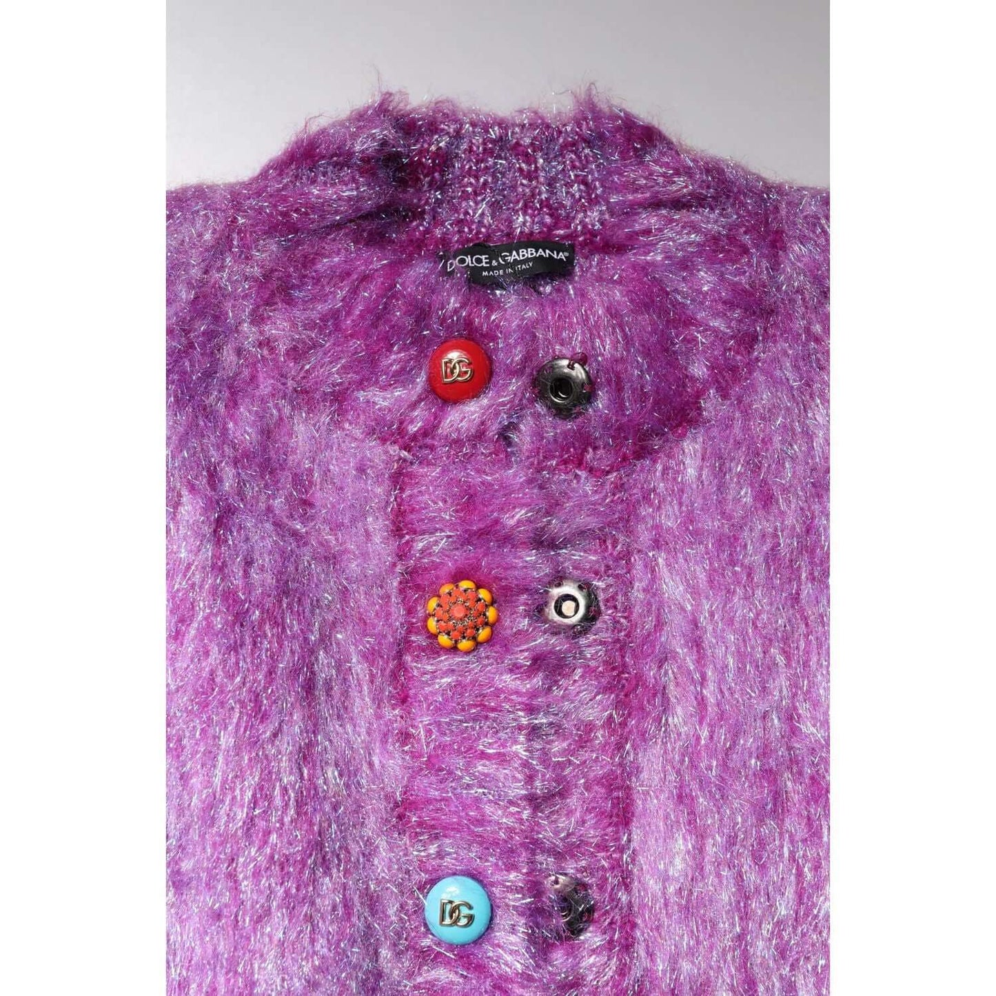 Dolce & Gabbana purple trench coat jacket with colorful button embellishments, featuring logo details, made from wool blend.