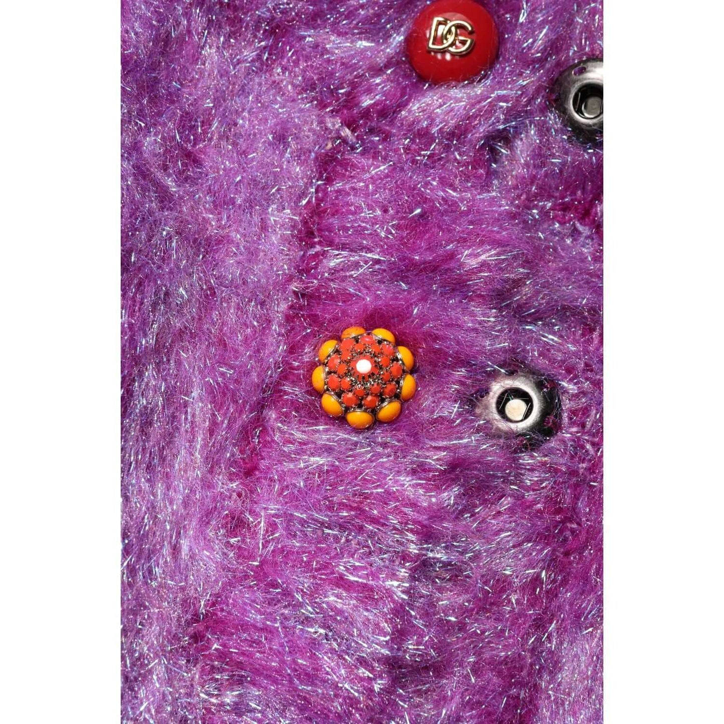 Close-up of Dolce & Gabbana purple trench coat with unique button embellishments, showcasing luxurious texture and craftsmanship.