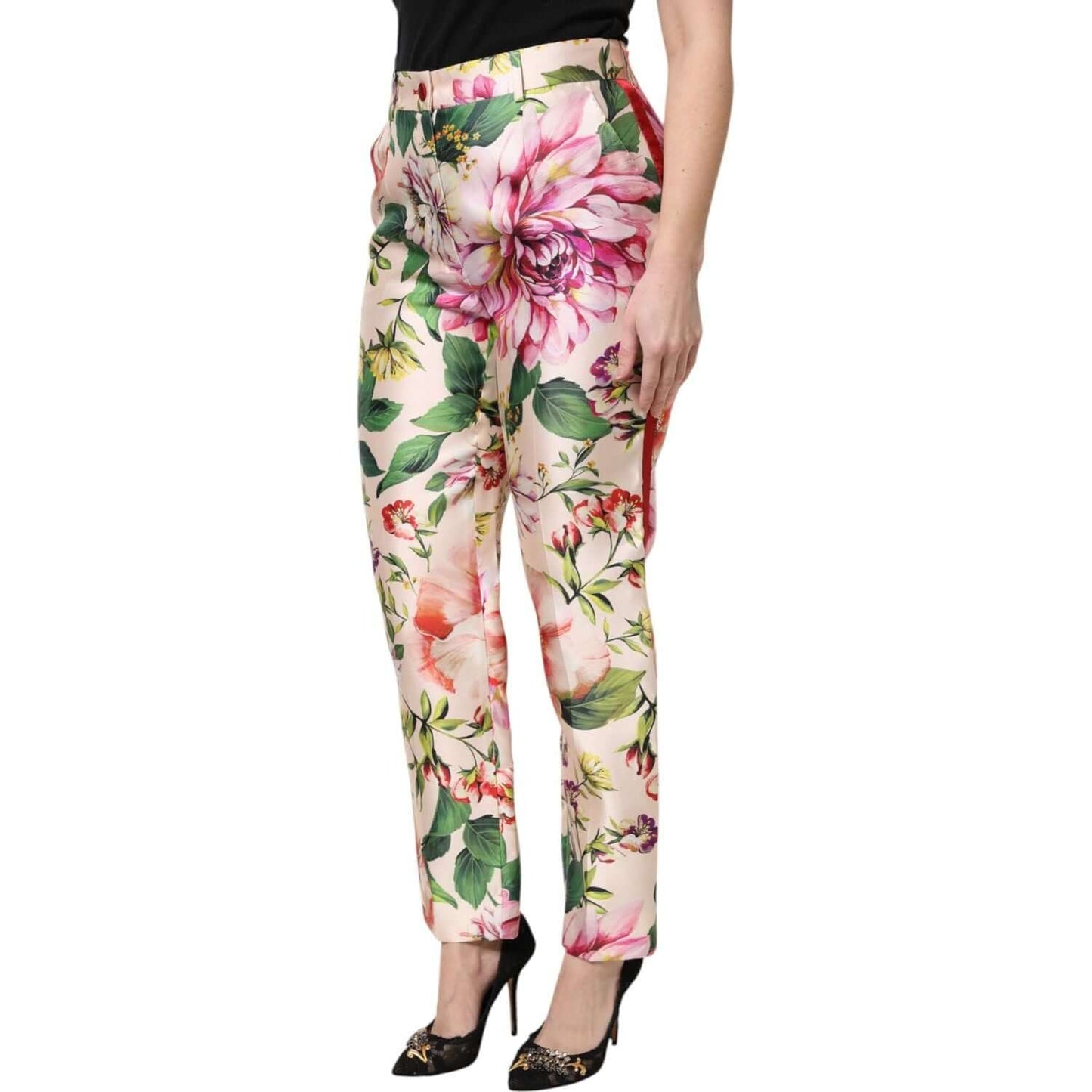Dolce & Gabbana multicolor floral high waist straight pants, made of 98% silk with zipper and button closure, crafted in Italy.