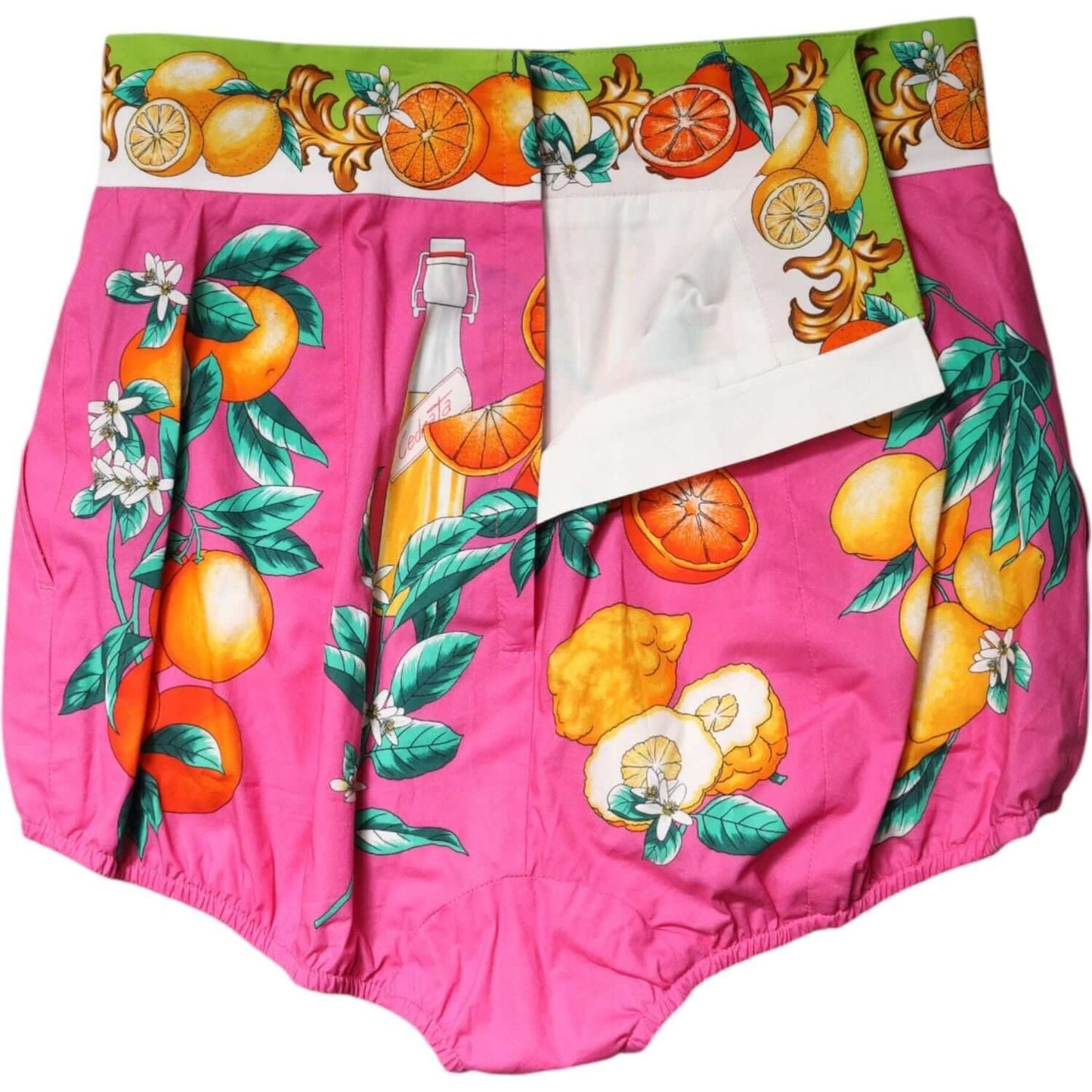 Dolce & Gabbana pink high waist hot pants with vibrant fruit print, 100% cotton, zipper closure, exclusive Italian design.