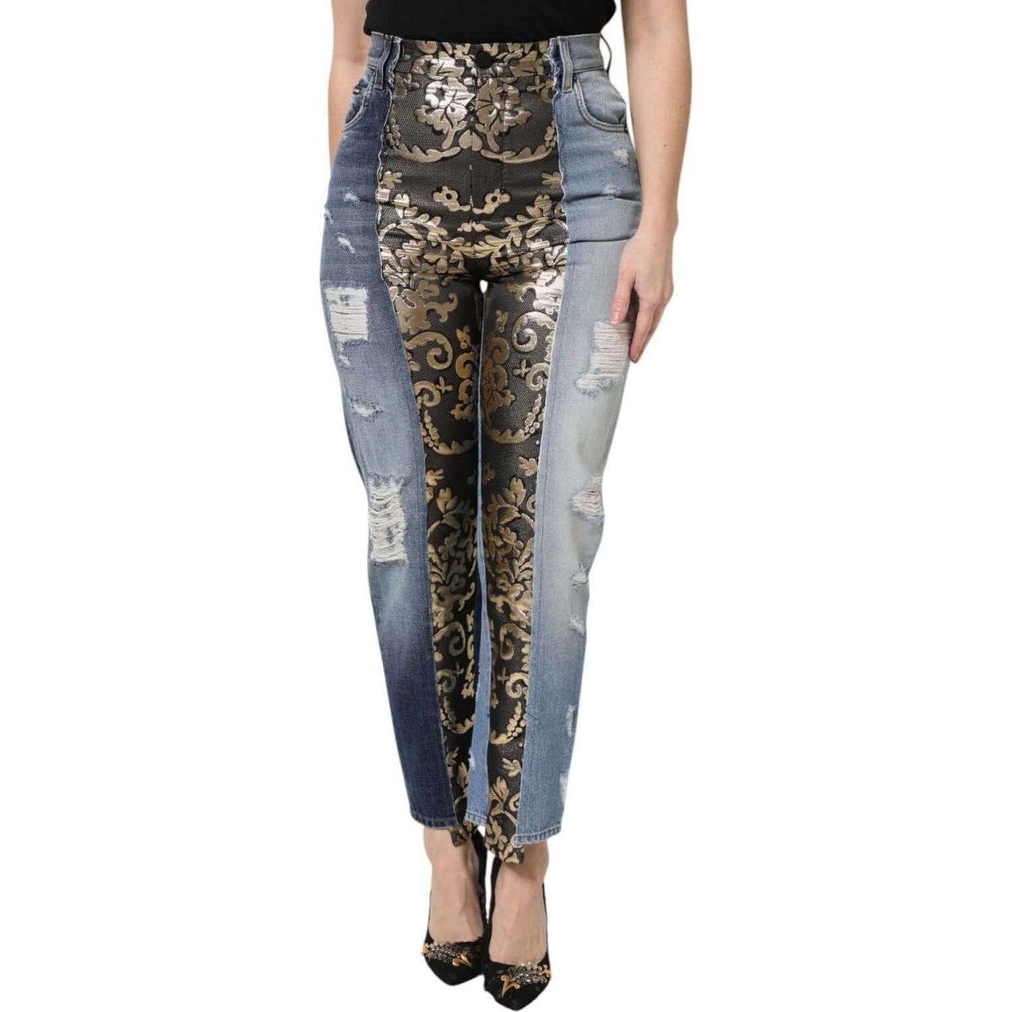 Dolce & Gabbana multicolor high waist jeans with floral jacquard patchwork, regular fit, showcasing luxury design and craftsmanship.