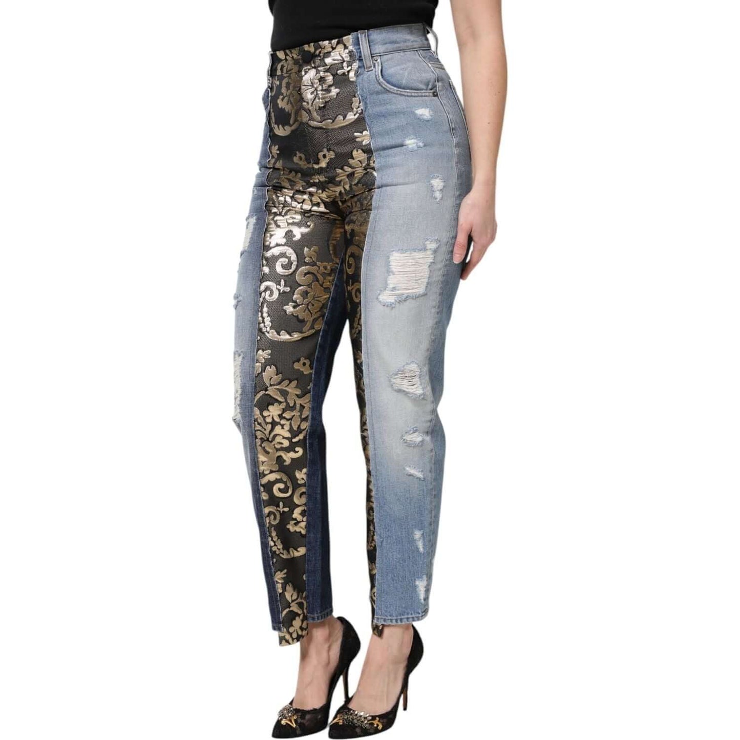 Dolce & Gabbana multicolor patchwork high waist denim jeans with floral jacquard, showcasing luxury design and craftsmanship.