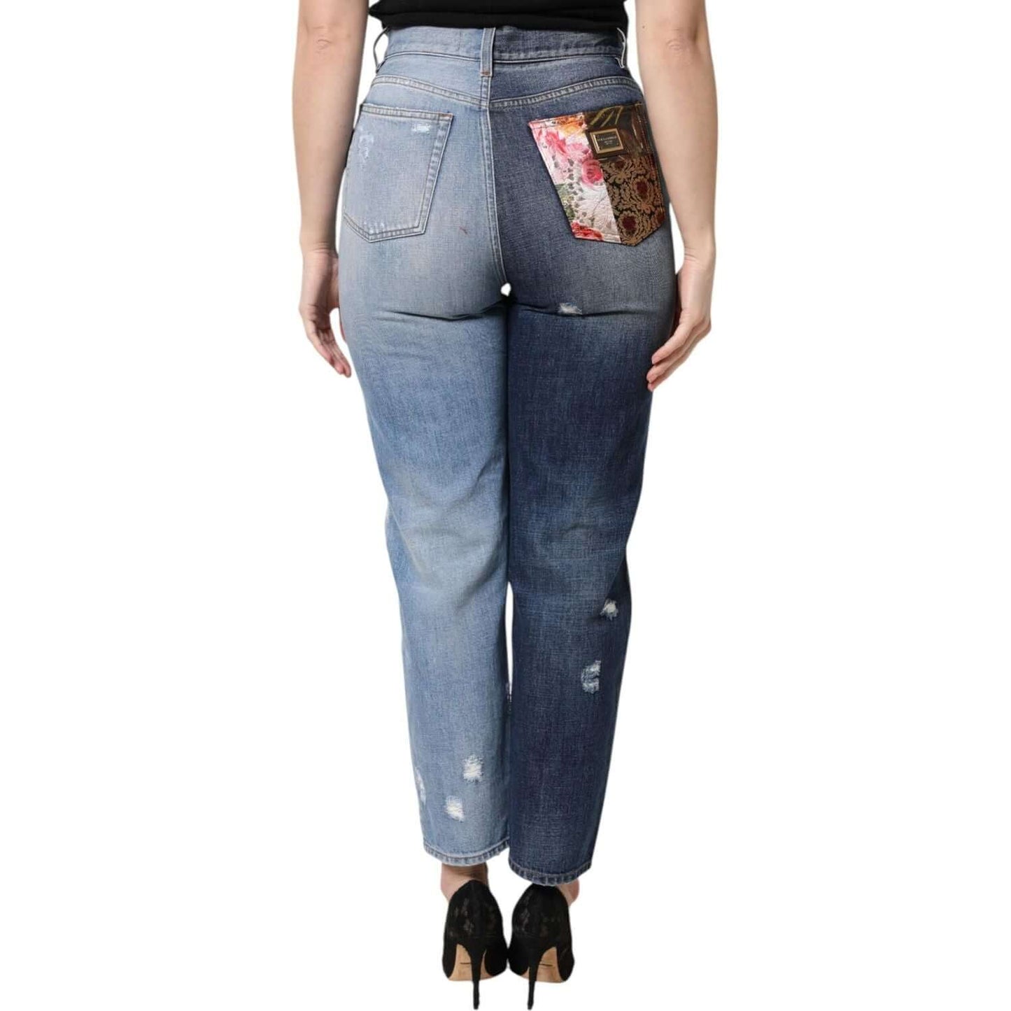 Back view of Dolce & Gabbana multicolor patchwork high waist denim jeans with floral jacquard design and logo detail.