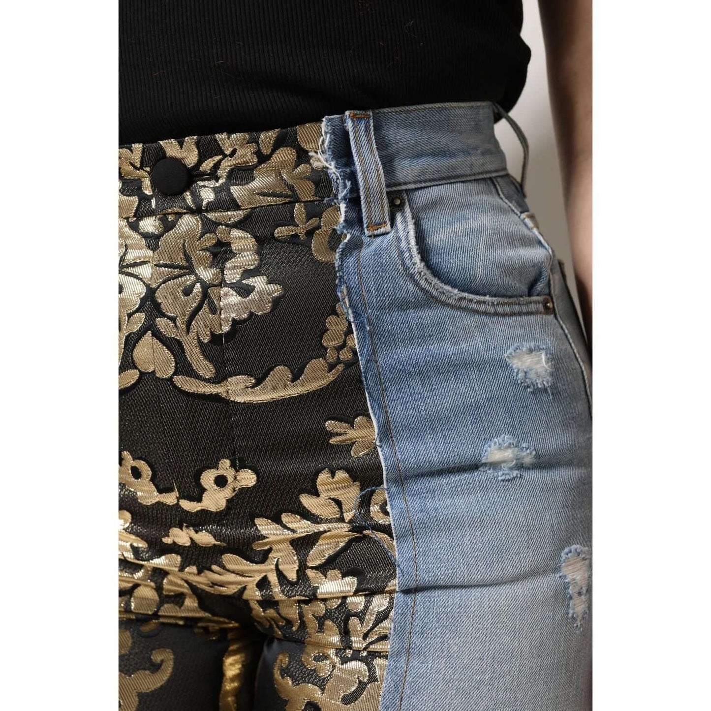 Dolce & Gabbana high waist denim jeans with floral jacquard patchwork, multicolor design, exclusive craftsmanship, side view.