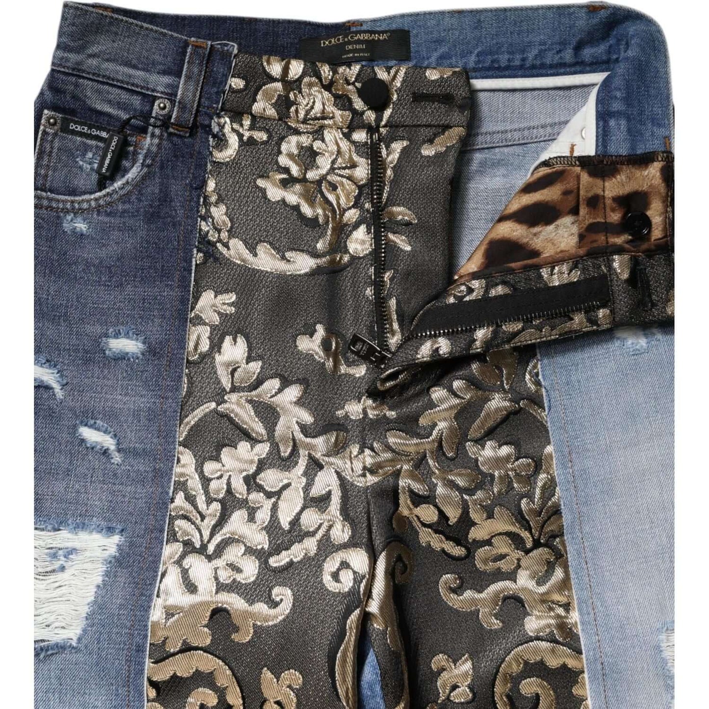 Dolce & Gabbana multicolor patchwork high waist denim jeans with floral jacquard and distressed detailing.