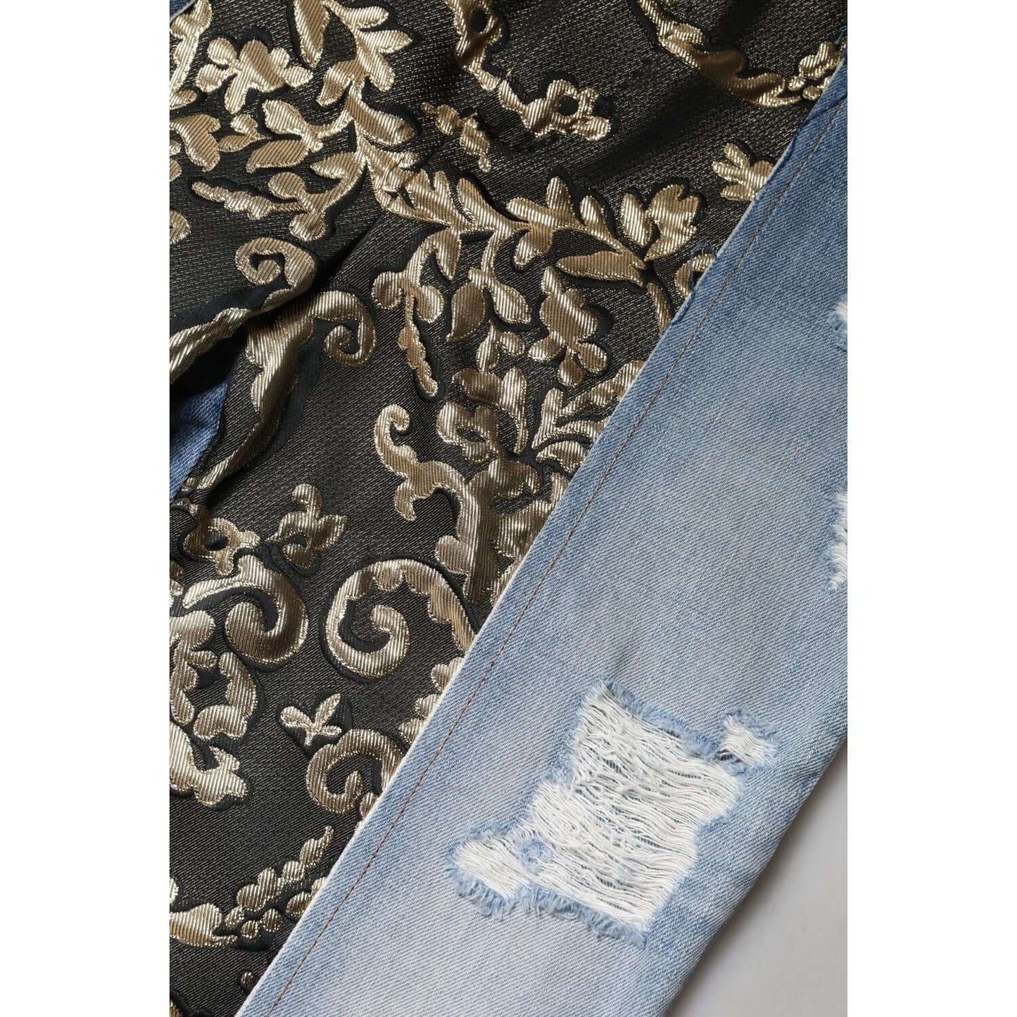 Dolce & Gabbana high waist jeans with floral jacquard patchwork, multicolor denim, luxury fashion, made in Italy.