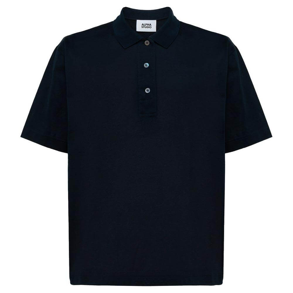 Alpha Studio blue cotton polo shirt, short-sleeved with three-button collar