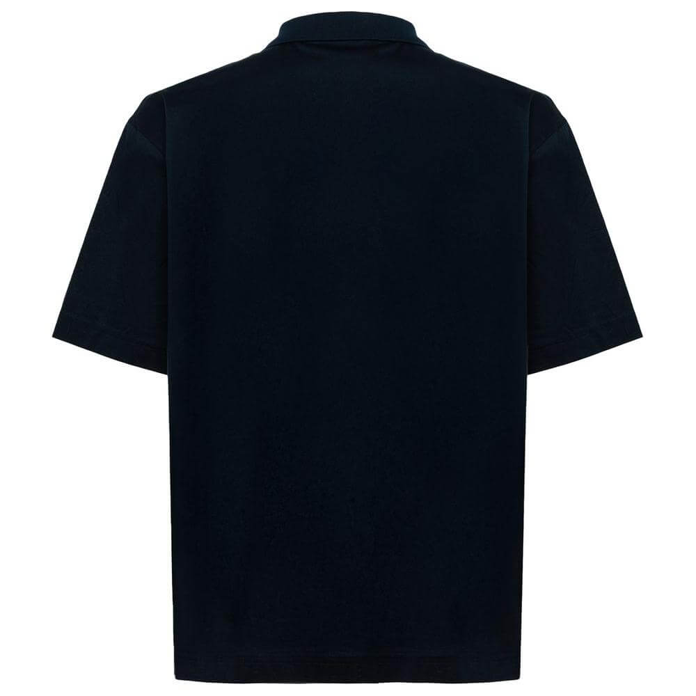 Back view of Alpha Studio blue cotton polo shirt with short sleeves and a three-button collar.
