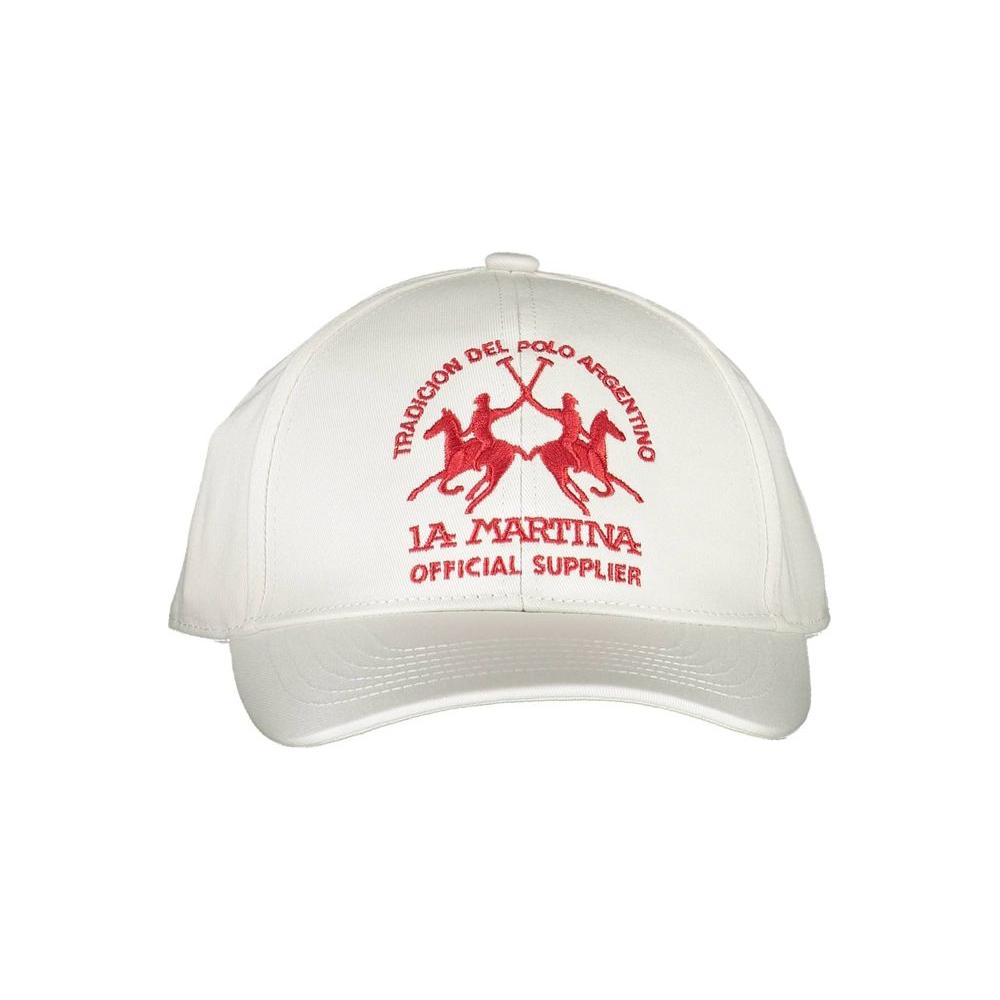 La Martina white cotton men’s cap with red embroidered logo, featuring contrasting details that highlight stylish sporty elegance.