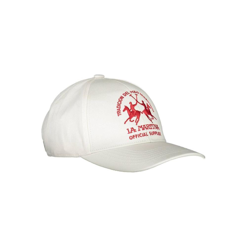La Martina white cotton men's cap with red embroidered logo, sporty elegance designed for style and comfort.