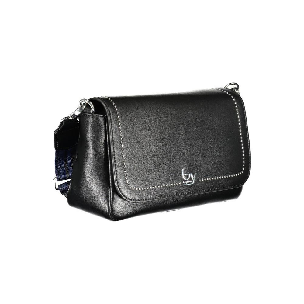 Sleek black BYBLOS handbag with removable handle and adjustable strap, crafted from premium polyethylene for modern sophistication.