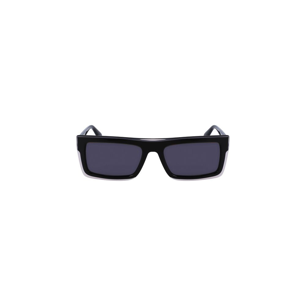 Calvin Klein black plastic men's sunglasses with sleek rectangular lenses, epitomizing modern fashion and precision fit.
