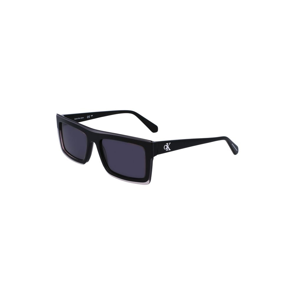 Calvin Klein black plastic men's sunglasses with rectangular lenses, offering modern style and clarity.