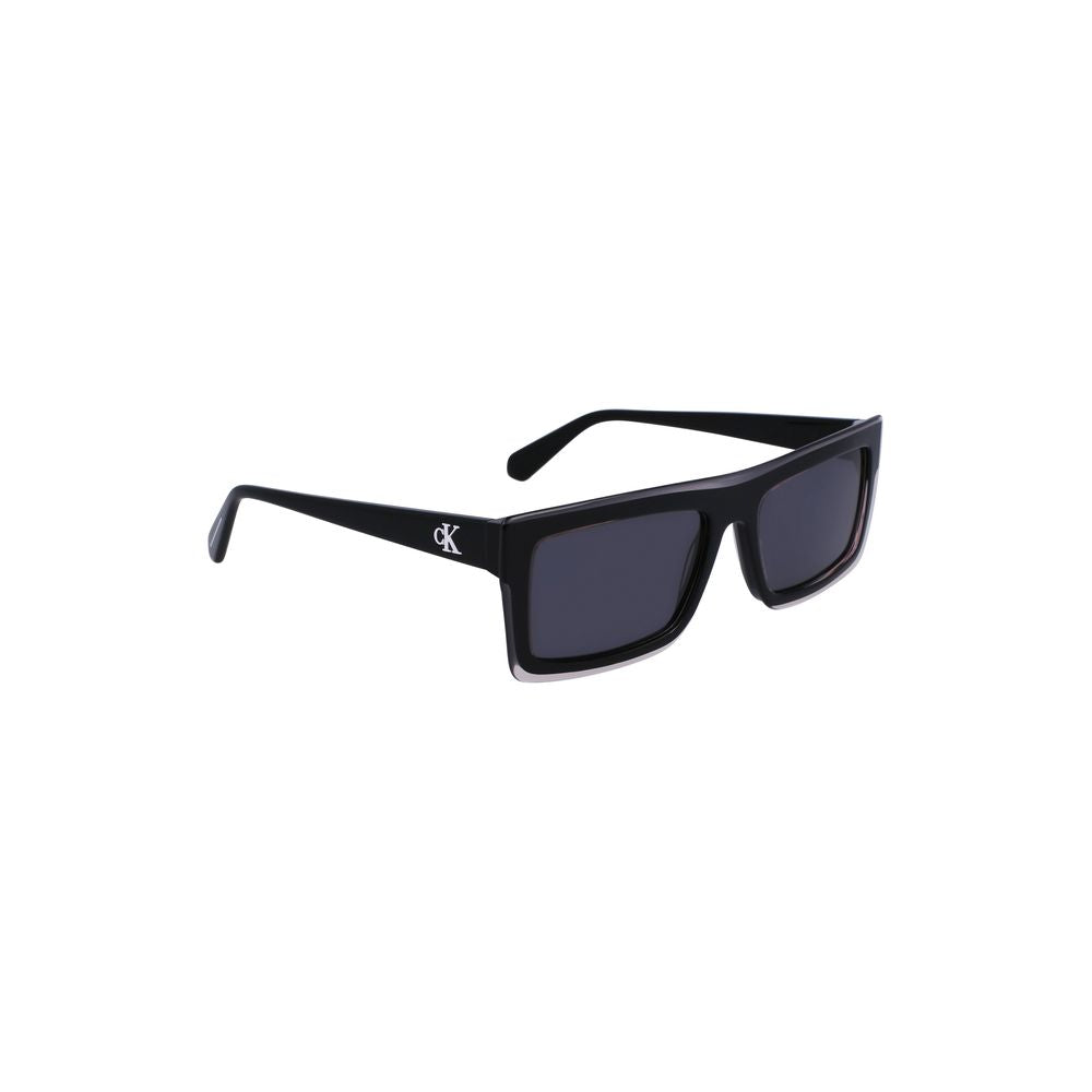 Calvin Klein black plastic men’s sunglasses with sleek rectangular lenses for stylish modern fashion.