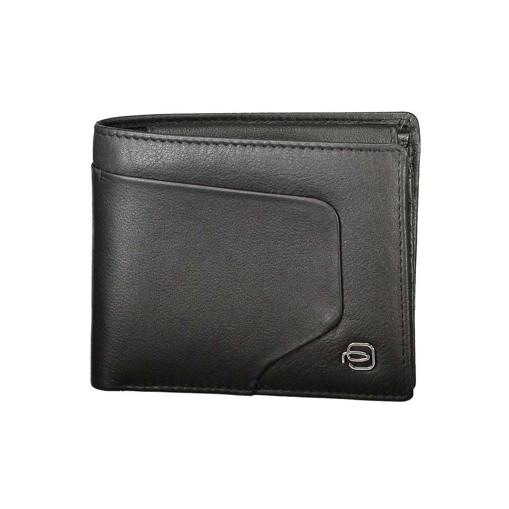 Piquadro black leather men's wallet with logo, featuring a 2-compartment design with coin purse and card storage, elegant and practical.