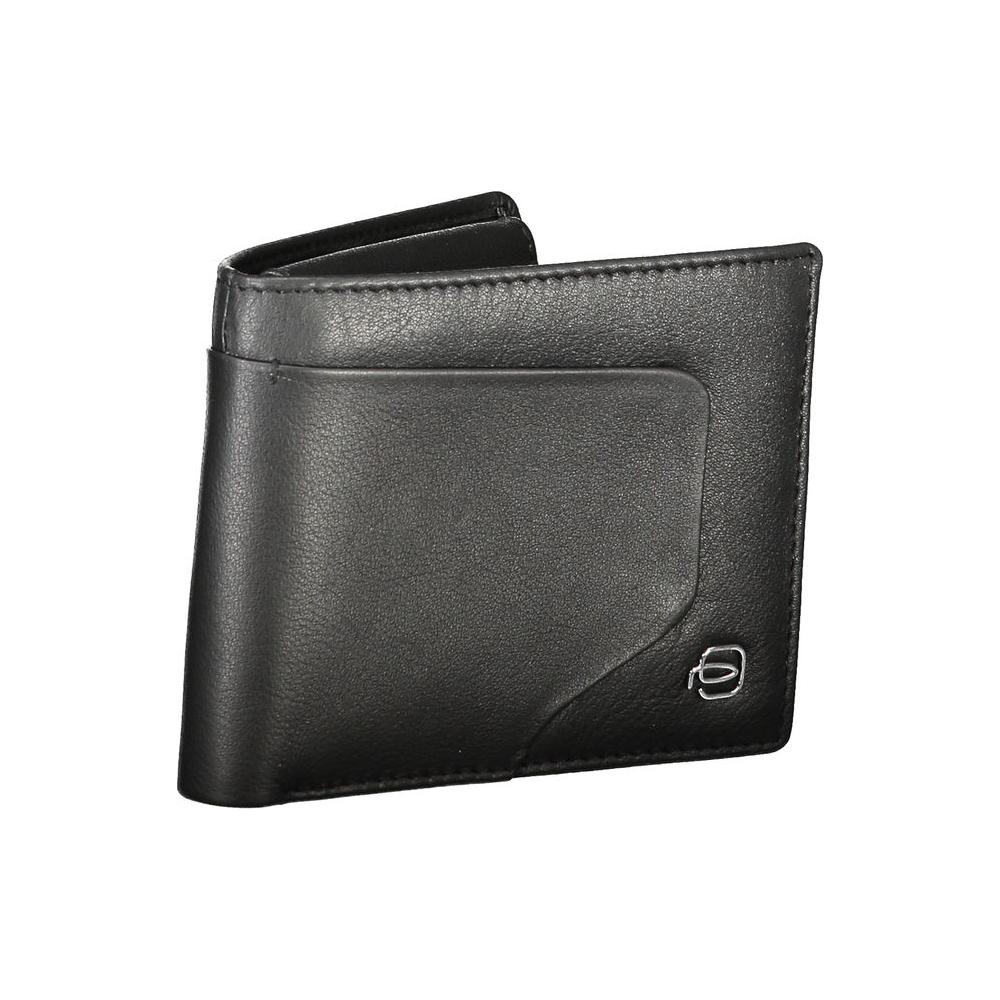 Piquadro black leather men's wallet with two compartments, coin purse, card slots, and contrasting accents, featuring brand logo.